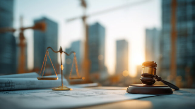 Judge gavel and scales of justice on construction blueprints at city building site, urban development law concept, legal compliance, zoning regulation and property governance