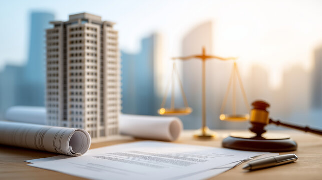 Real estate legal compliance concept with judge gavel scales of justice building model and contract documents on office desk