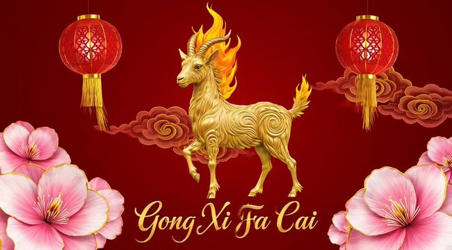 Golden Goat Gong Xi Fa Cai Red Lanterns Peonies Prosperity Glow Chinese New Year