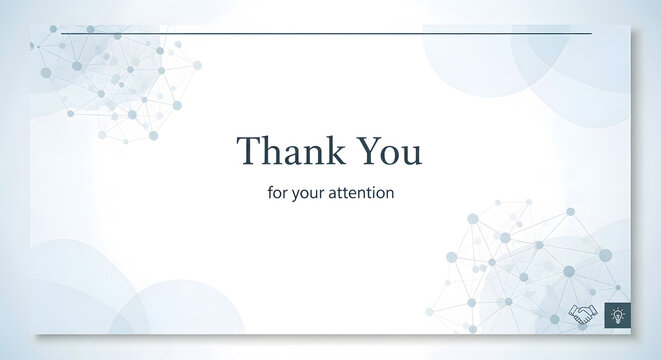 Clean white presentation slide with thank you for your attention text and blue network node graphics