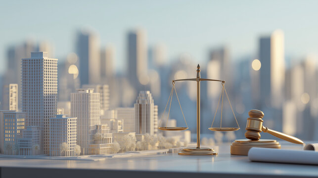 Scales of justice and judge gavel beside city model skyline, urban development law concept, zoning regulation, property governance and legal compliance