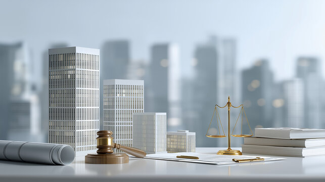 Urban development legal compliance concept with scales of justice gavel and city models on office desk