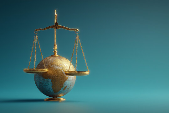 Golden scales of justice above globe symbolizing international law, global governance, human rights and world legal balance