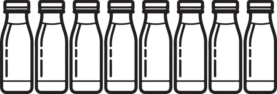 Eight identical empty glass bottles lined up in a row on a white background Vector