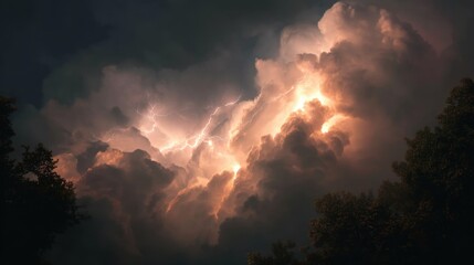 Fototapeta premium Dramatic Storm Clouds Illuminated by Lightning in a Dark Sky Over a Forest Landscape at Dusk