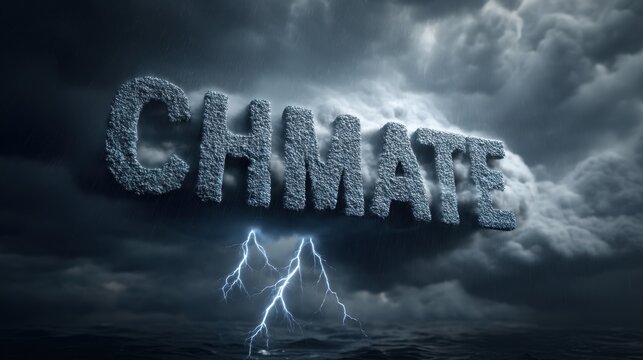 Dramatic Stormy Sky with Lightning and Text Cloud Formation Representing the Word CHMATE in a Dark Atmosphere