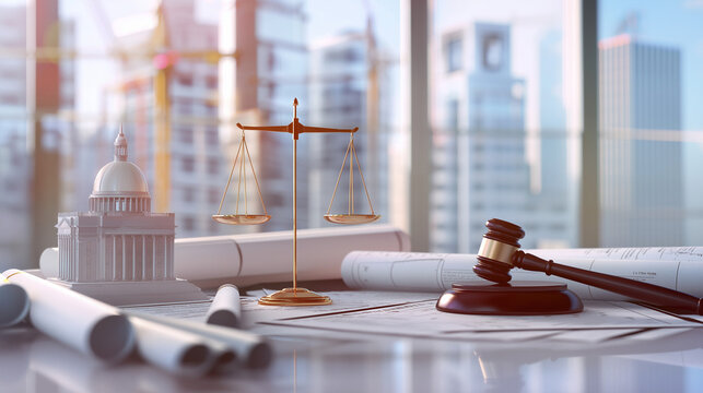Scales of justice and judge gavel on architectural blueprints with courthouse model, legal infrastructure planning concept and judicial governance