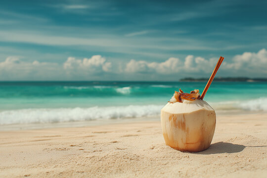 Kenting Baishawan Beach Taiwan, tropical drink with coconut and straw on white sand beach, turquoise ocean background, summer vacation concept, refreshing holiday mood, shallow depth of field.