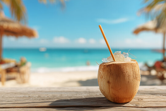 Kenting Baishawan Beach Taiwan, tropical drink with coconut and straw on white sand beach, turquoise ocean background, summer vacation concept, refreshing holiday mood, shallow depth of field.