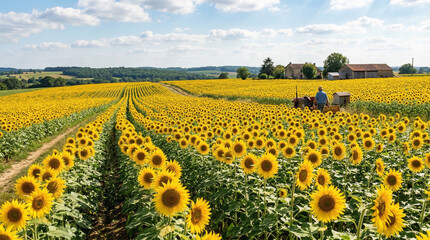 Naklejka premium Vibrant sunflower field with a tractor and rural landscape.