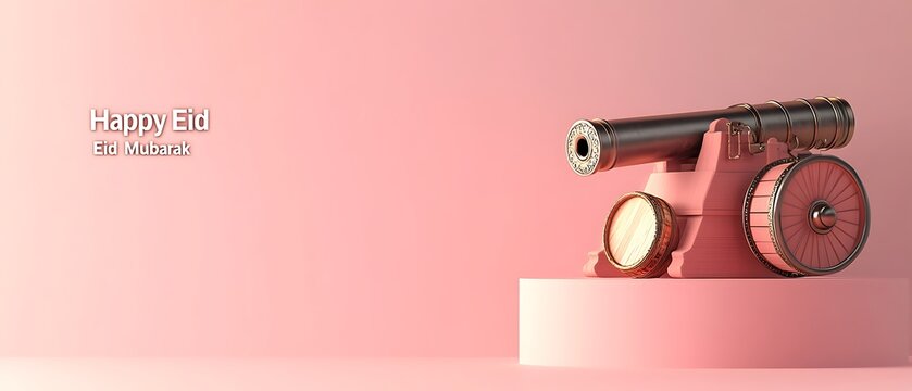 3 D rendering of an old cannon and drum on a pink podium with Happy Eid Mubarak text barrel wooden barrel