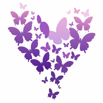 A heart shape composed of numerous purple butterflies in varying sizes