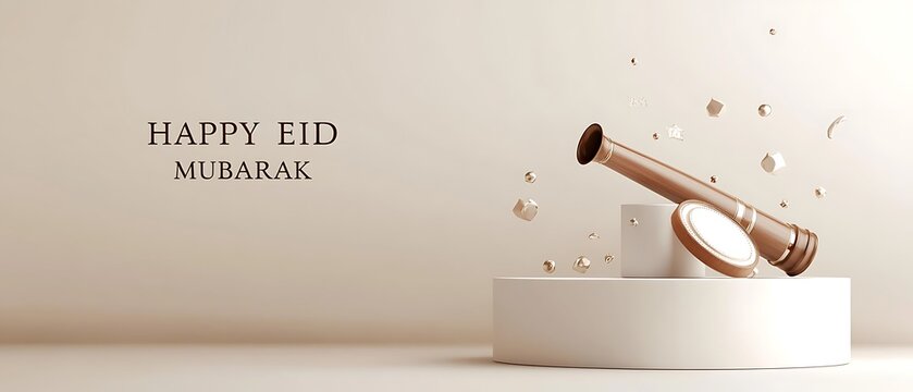3 D rendering of a telescope with H A P Y E I D M U B A R A K text and geometric shapes Eid Mubarak Eid al-Fitr