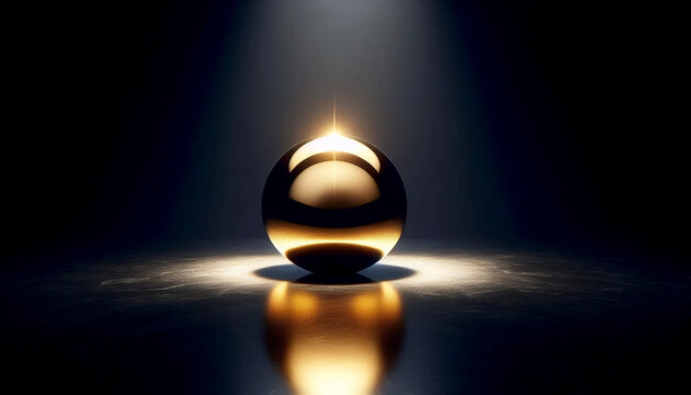 A polished solid gold sphere mockup resting on a vast slab of absolute black granite under a single pinpoint spotlight, Ai generated image