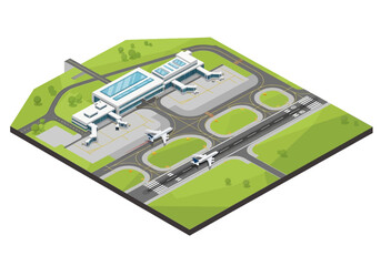 Obraz premium Isometric view of a modern airport terminal with airplanes on the runway and tarmac