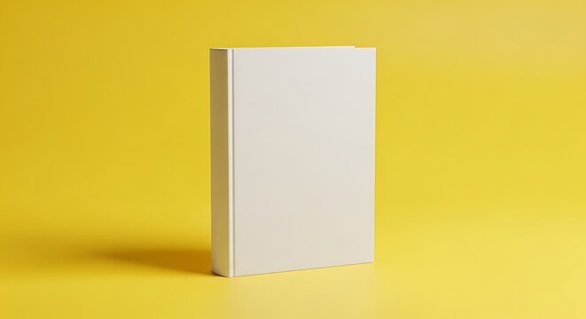 Blank white book on yellow background, empty notebook or diary