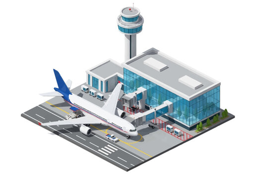 Modern airport terminal with passenger jet airplane connected to jet bridge and control tower in isometric view