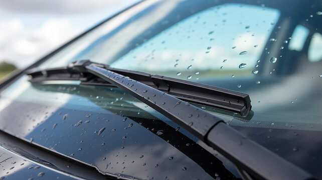 Close-up macro view of a car windshield during rain, featuring a wiper blade clearing numerous water drops, highlighting wet weather driving conditions and automotive function