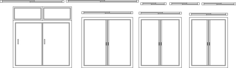 Technical architectural elevation drawing showing various sliding closet door designs with transom windows above in different width configurations.