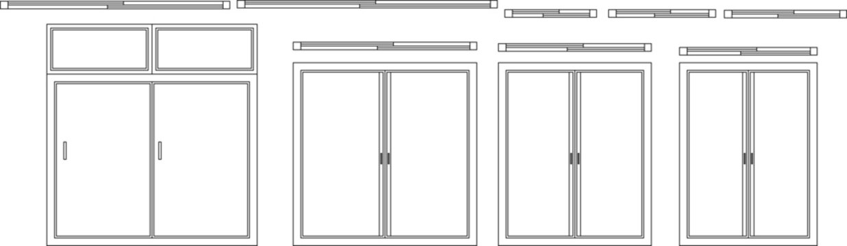Technical architectural elevation drawing showing various sliding closet door designs with transom windows above in different width configurations.