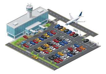 Obraz premium Modern airport parking lot with cars and airplane, illustrating travel and transportation services