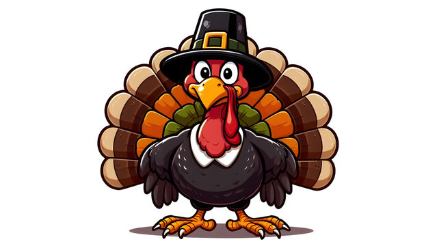 Cute Cartoon Thanksgiving Turkey Wearing a Pilgrim Hat 