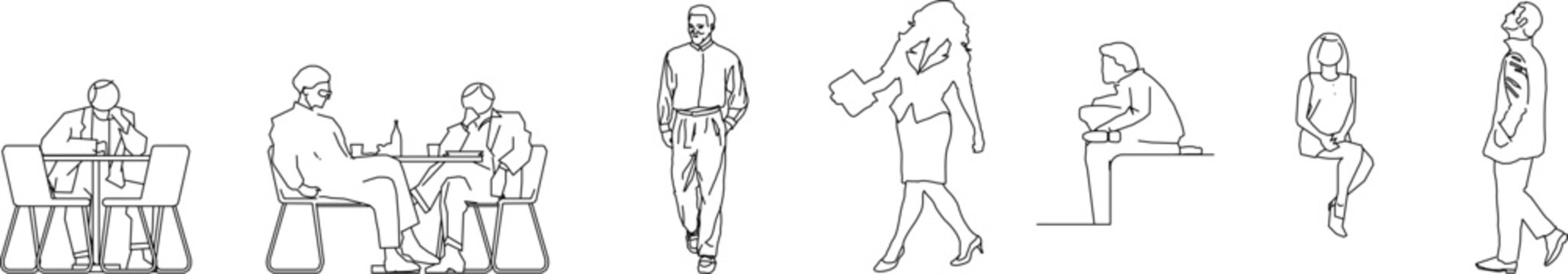 Technical architectural elevation drawing showing human figures in various everyday activities including working at desks, walking, sitting and conversing for scale reference.