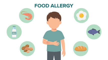 Child suffering from food allergy with common allergen icons concept