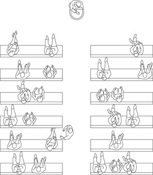 Technical architectural plan view drawing showing human figures in various relaxed poses lying and sitting on benches or mats for scale reference.