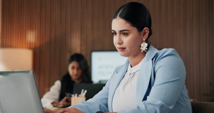 Business, woman and typing with laptop in office for company report, journalism or blog. Female person, journalist or writing with computer for project schedule, online tasks or agenda in workplace