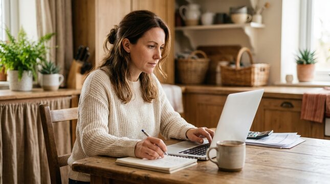 Medium shot showing a homeowner using a laptop to calculate home equity line of credit options at a kitchen table with foreground focus and a softly blurred cozy environment.