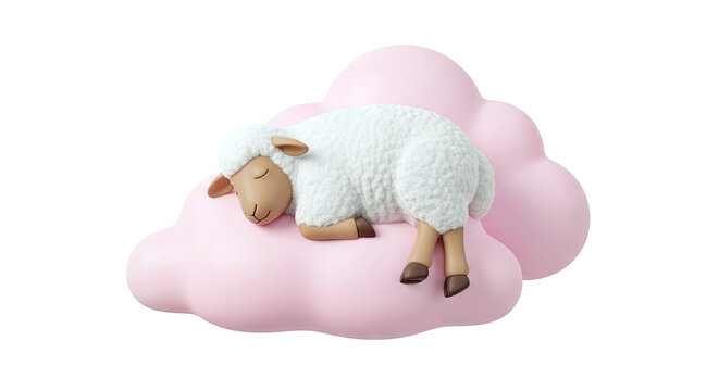 Cute cartoon sheep sleeping on pink clouds