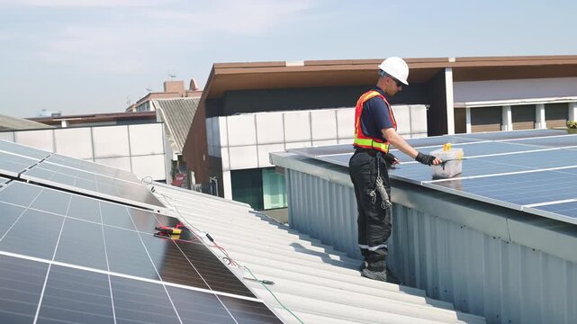 Technician installing solar panels on factory roof for green energy. A skilled technician in safety gear is working on a solar panel installation on rooftop. clean energy renewable power technology.