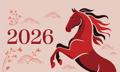 Red horse with flowing mane clouds flowers and text 2026 Year of the Horse on light background modern flat style Chinese New Year vector illustration © Nass Studio