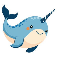 Flat vector illustration in simple child style featuring cute narwhal on white background ideal for children book prints nursery posters and adorable sea life designs © Nass Studio