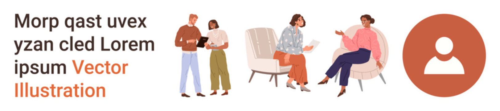 Communication, teamwork, collaboration, social interaction, user profiles, and people networking. Group of individuals in discussion and user profile icon. Communication and teamwork concept