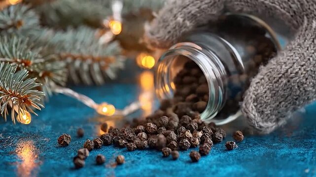 Whole peppercorns spill from a glass jar with festive lights and greenery