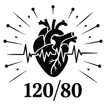 Good health vector icon featuring blood pressure numbers with heart pulse cardiogram medical pulsometer logo element heart beat label hospital equipment concept flat black and white design isolated
