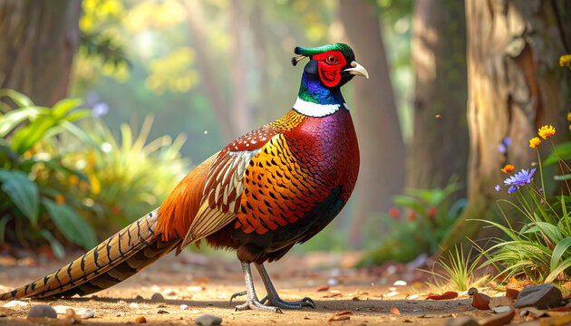 A beautiful male peacock with vibrant green feathers and a sharp beak wanders through the wild grass of a nature park, showcasing its majestic wildlife plumage like a regal game bird