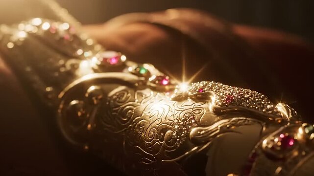 Close-up of a jeweled gauntlet with glowing gems.