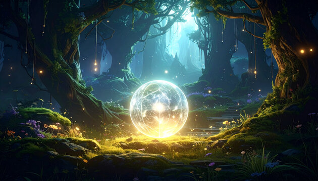 An abstract 3d illustration of planet earth as a glowing blue globe in dark space with the sun, moon, and shimmering stars against a cosmic atmosphere