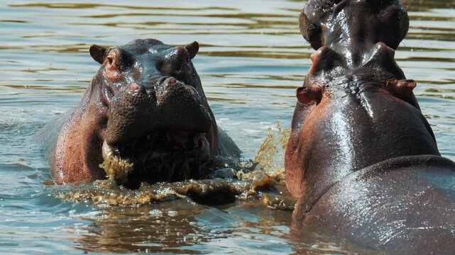 Hippopotamus rival contend in swamps ponds. Male hippos open mouth wide jump out of water and fight in Mara river with brown muddy water. Wild animals in natural habitat. African nature reservation