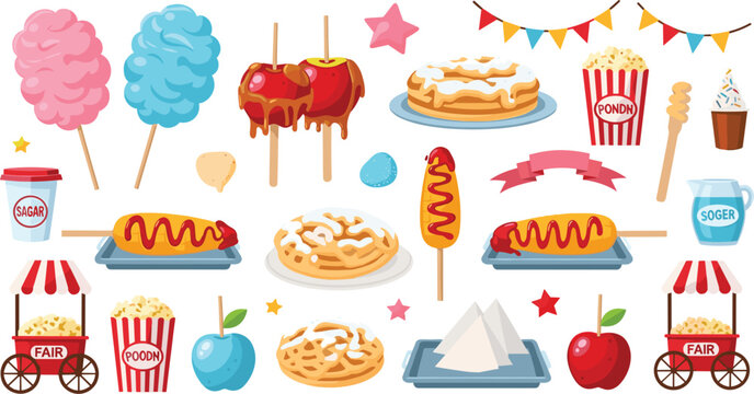 Carnival Fair Food Vector Set with Cotton Candy, Caramel Apples, Hot Dogs, Popcorn and Festival Snacks Illustration