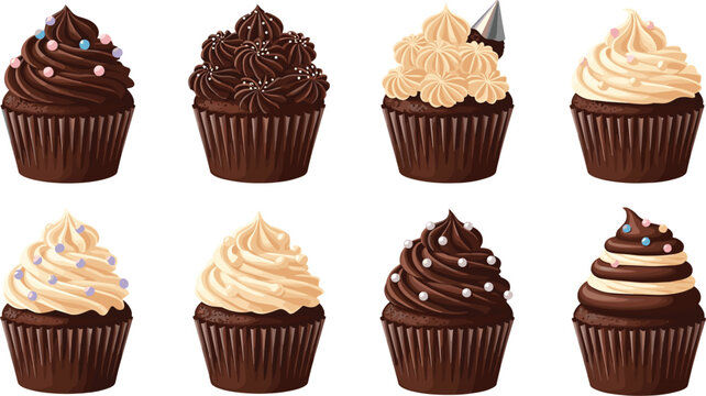 Chocolate and vanilla cupcakes collection with creamy frosting sprinkles and dessert bakery treats vector illustration set