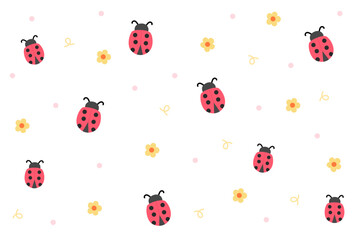 Cartoon ladybug seamless pattern. Ladybugs and yellow flowers on white pink background. Bright spring style. Seamless vector pattern. © bannanabread