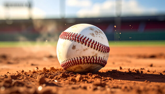 New leather baseball equipment sits on the green grass of a professional sports field during a team competition game