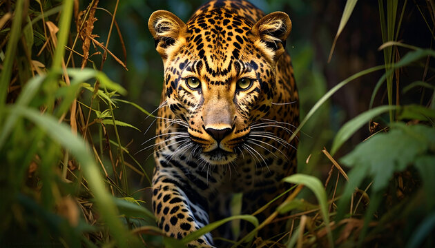 A majestic portrait of a wild spotted leopard and a dangerous jaguar predator showcases the beautiful fur and powerful gaze of these big cat felines in a natural safari wildlife setting