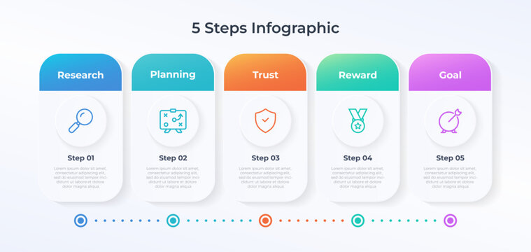 5 steps business process infographic with marketing icons. Modern gradient workflow diagram template for strategy, corporate presentation. Vector illustration.