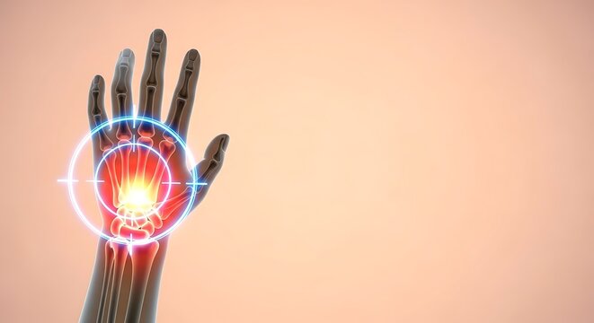 Medical illustration of hand with pain, highlighting the wrist and surrounding area.