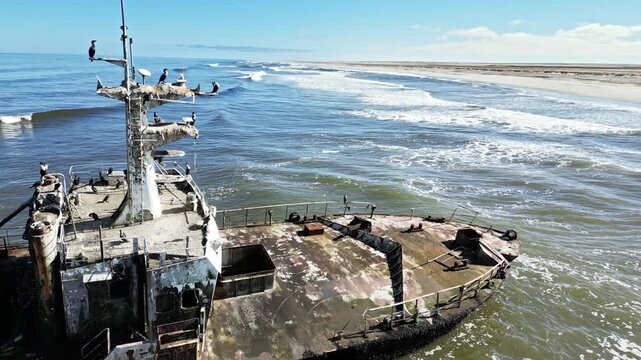 Aerial drone view of an abandoned shipwreck on the remote Skeleton Coast of Namibia with ocean waves breaking along the sandy shoreline and seabirds resting on the rusted vessel